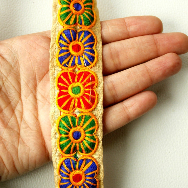 Beige Fabric Trim With Red, Blue, Green And Yellow Floral Embroidery