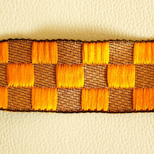 Yellow And Bronze Embroidered Chequered Trim, Approx. 35mm Wide