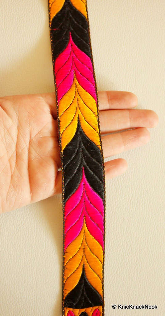 Yellow, Black And Fuchsia Pink Thread Embroidered Lace Trim, 33mm wide