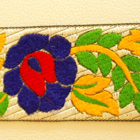 Blue, Red, Yellow And Green Flower Embroidery White Fabric Lace Trim