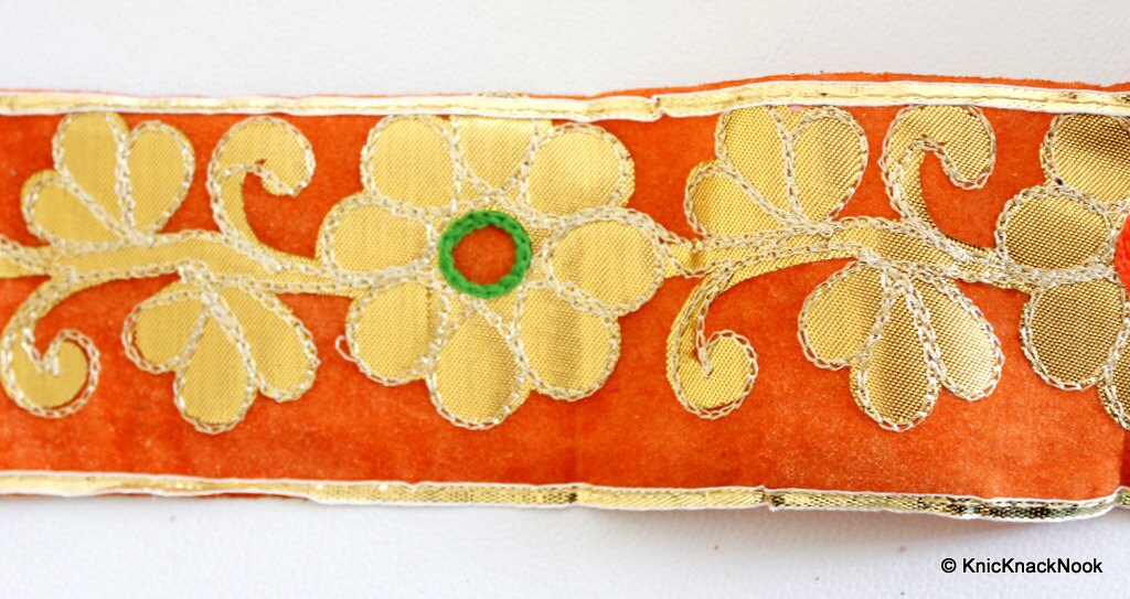 Orange Fabric Trim With Floral Embroidery, Gold, Orange And Green Trim