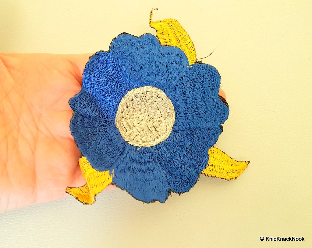 Blue And Silver Flower With Gold Leaves Embroidered Patch x 1