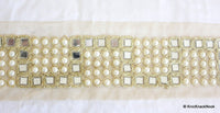 Thumbnail for Sheer Gold Fabric Lace Trim With Mirror And Pearl Embellishments, Approx. 64mm Wide Indian Crafting Ribbon Decorative Trimming