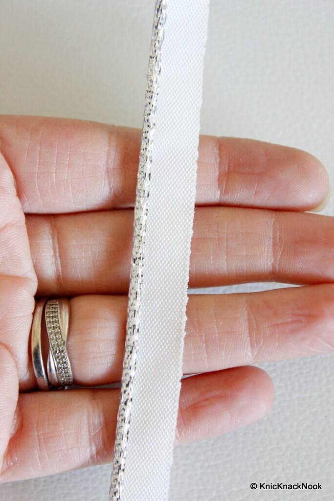 Wholesale White Lace Trim With Shining Silver Piping, Approx. 14 mm wide