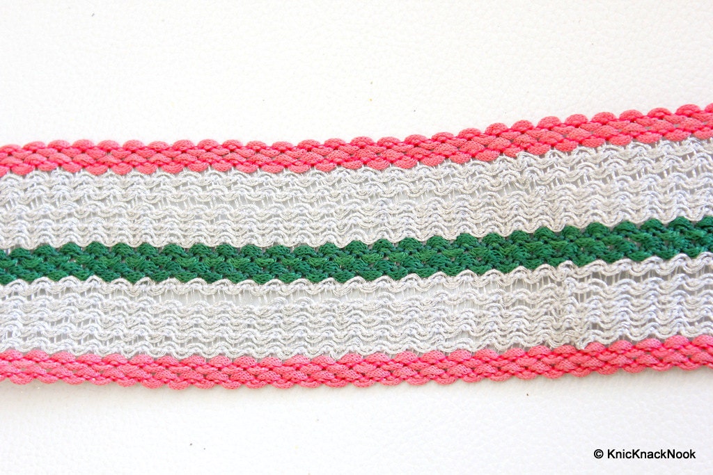 Silver, Pink And Green Thread Lace Trim, Approx. 52mm wide