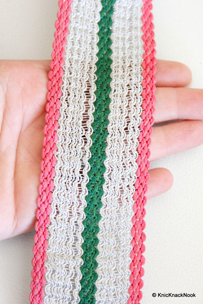 Silver, Pink And Green Thread Lace Trim, Approx. 52mm wide