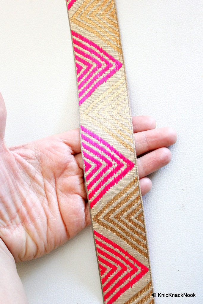 Fuchsia Pink And Gold Temple Border Embroidery Lace Trim, Approx. 42mm Wide
