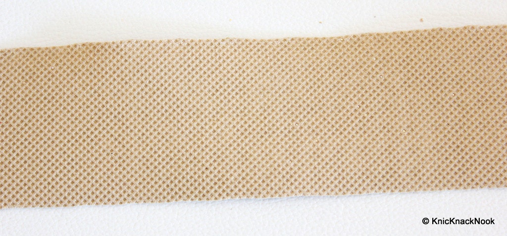 Beige Faux Leather Trim Lace With Gold Polka Dots, Approx 53 mm Wide