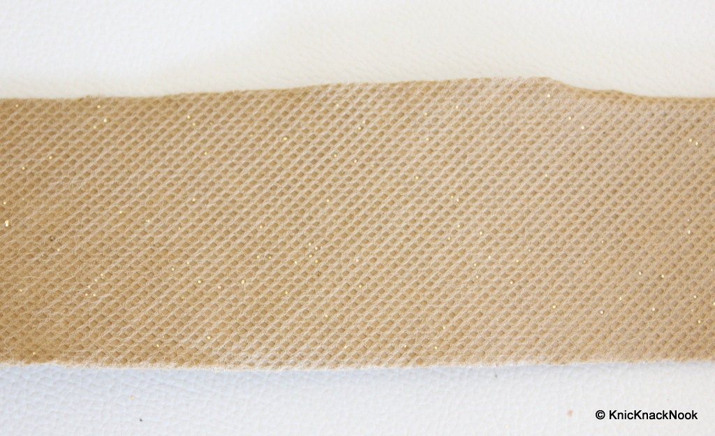 Faux Leather Trim Lace With Light Brown Embroidery And Gold Polka Dots, Approx 56 mm Wide