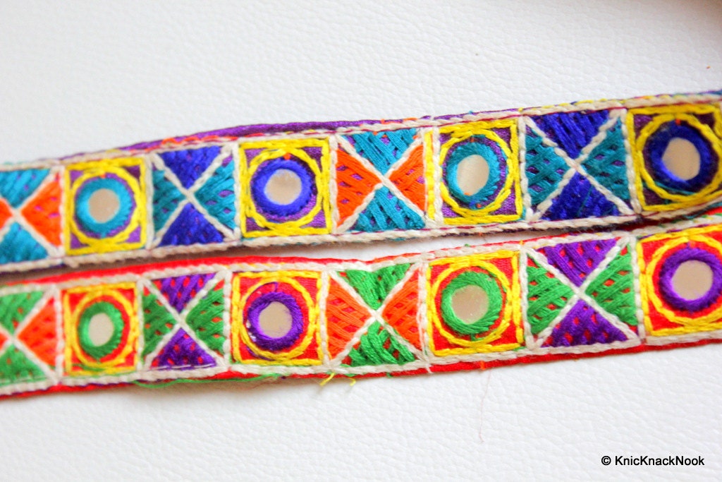 Red Mirrored Fabric Trim With Yellow, Green, Violet