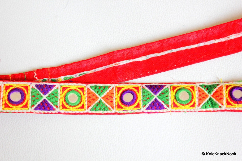 Red Mirrored Fabric Trim With Yellow, Green, Violet