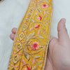 Mustard Yellow Art Silk Trim In Gold Floral Embroidery, Embroidered Flowers Border, Decorative Trim