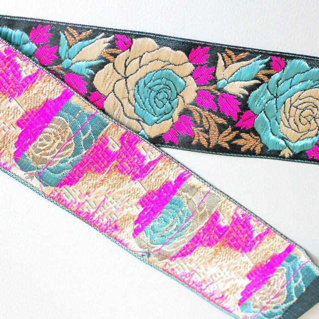 Black Fabric Lace With Rose Floral Design, Pink, Blue