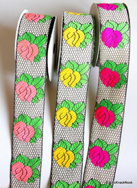 Thumbnail for Wholesale Black And White Lace With Pink Rose And Green Leaves Floral Trim, Approx. 47mm wide Rose Jacquard Trim Wholesale Trim By 9 Yards