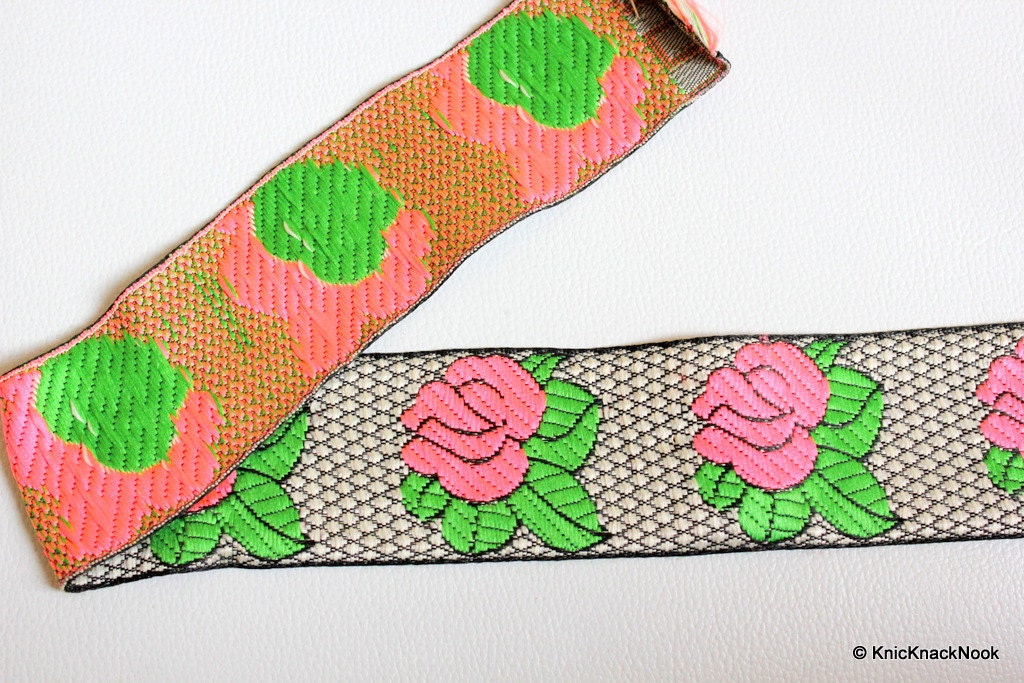 Wholesale Black And White Lace With Pink Rose And Green Leaves Floral Trim, Approx. 47mm wide Rose Jacquard Trim Wholesale Trim By 9 Yards