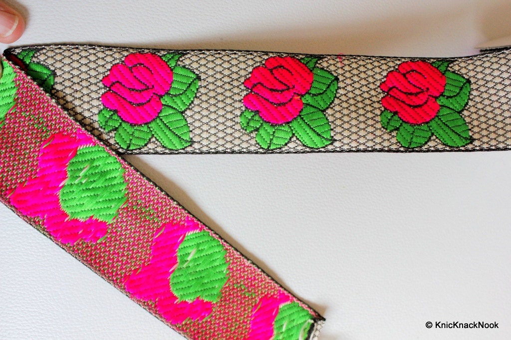 Wholesale Black And White Lace With Fuchsia Pink Rose And Green Leaves Floral Trim, Approx. 47mm wide, Trim By 9 Yards Floral Jacquard Trim