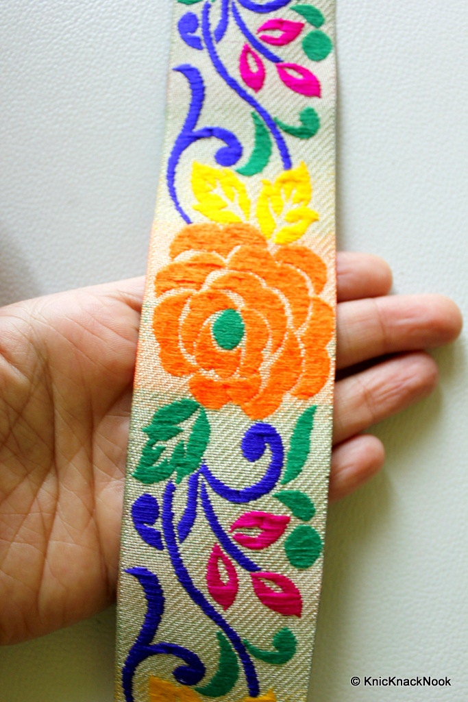 Beige Fabric Trim With Orange Rose Floral Embroidery Trim, Approx. 50mm wide