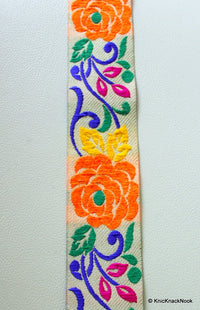 Thumbnail for Beige Fabric Trim With Orange Rose Floral Embroidery Trim, Approx. 50mm wide