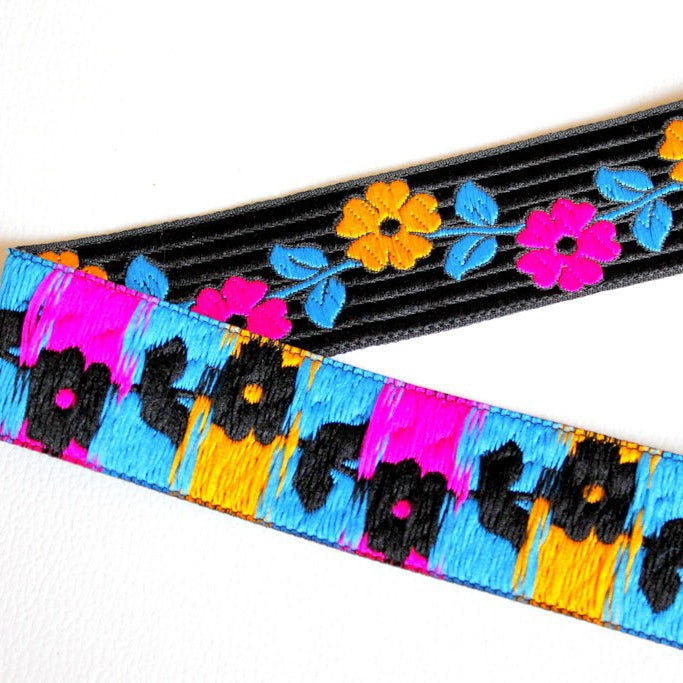 Black Fabric Trim With Yellow And Fuchsia Pink Flowers And Blue Leaves Embroidery Lace, Approx. 34mm Wide