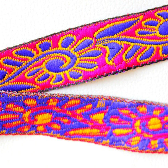 Wholesale Fuchsia Pink Lace Trim With Blue Thread Embroidery, Approx. 25mm Wide Trim by Yards Indian Jacquard Woven Trim