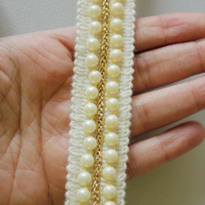 White Thread Trim With Pearl Embellishments, Approx. 22mm Wide