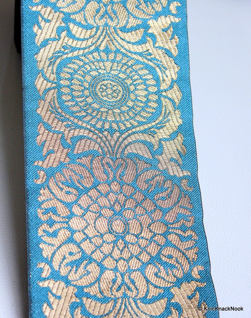 Green Fabric Trim With Gold Embroidery, Approx. 10.2 cm Wide