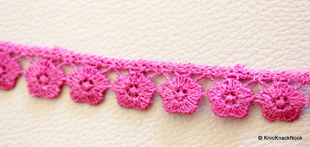 Pink Embroidered Flower Lace Trim Ribbon, Approx 16mm wide
