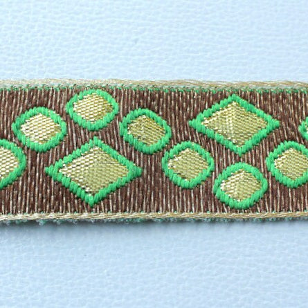 Green, Gold And Bronze Jacquard Weave Lace Trim, Approx. 32mm Wide Indian Sari Border