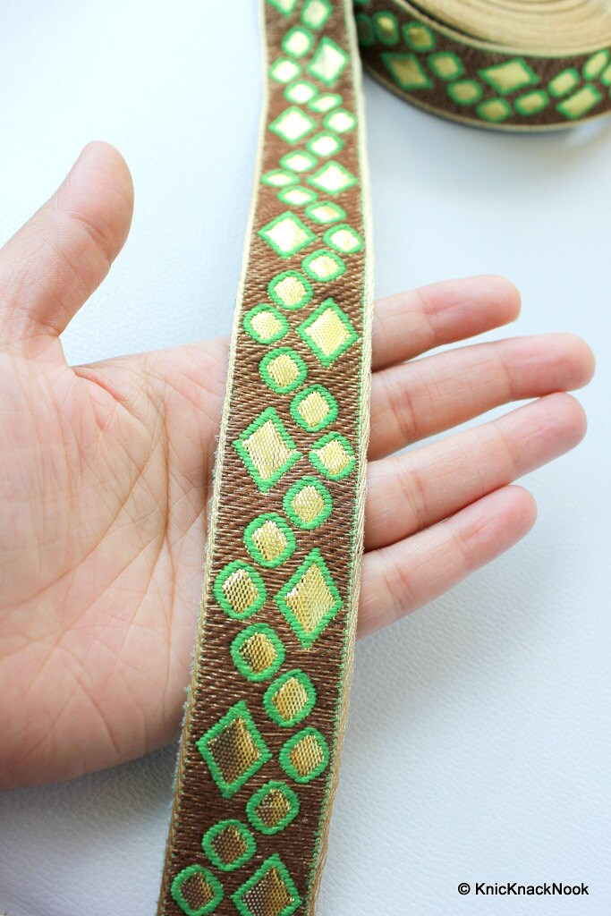 Green, Gold And Bronze Jacquard Weave Lace Trim, Approx. 32mm Wide Indian Sari Border