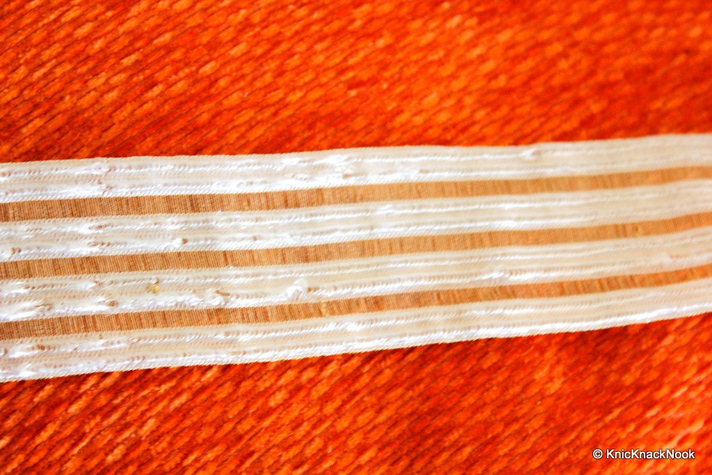 Bronze And White Thread Sheer Stripes Trim Lace, Approx. 38mm wide