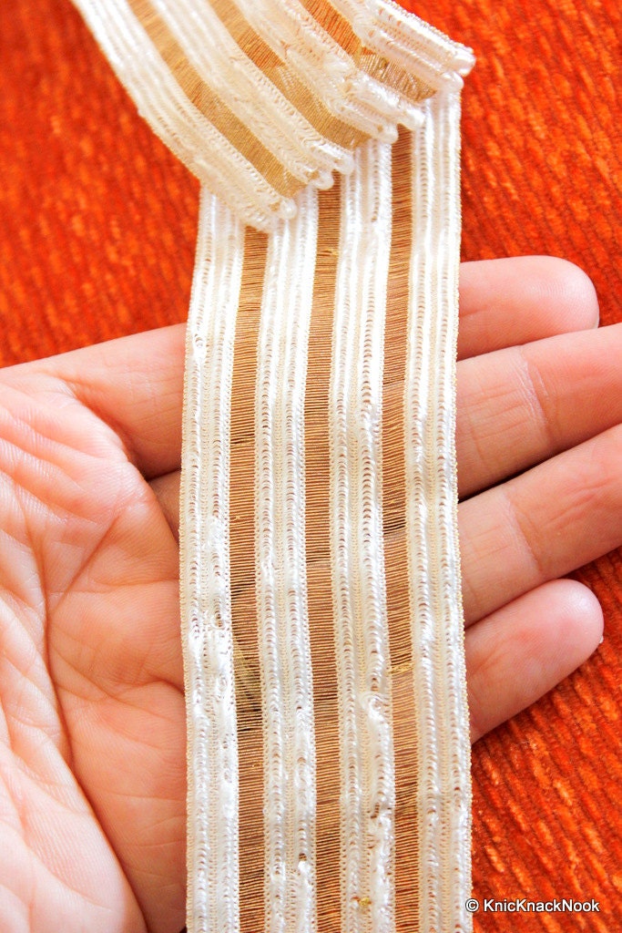 Bronze And White Thread Sheer Stripes Trim Lace, Approx. 38mm wide
