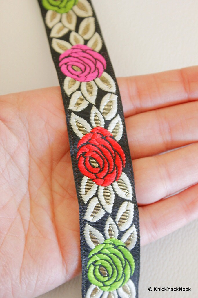 Red, Pink And Green Rose Embroidery Black Lace Trim, Approx. 25mm Wide