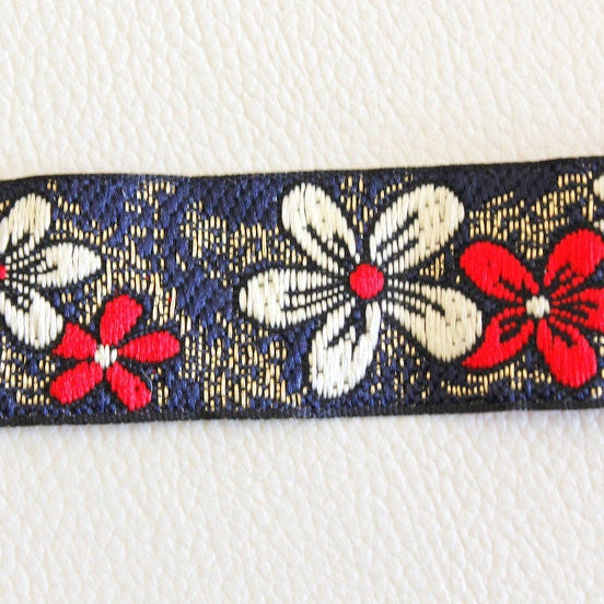 Red, Beige And Gold Flower Embroidery Blue Fabric Lace Trim, Approx. 26mm Wide