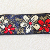 Thumbnail for Red, Beige And Gold Flower Embroidery Blue Fabric Lace Trim, Approx. 26mm Wide