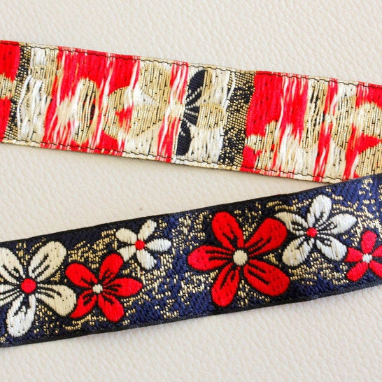 Red, Beige And Gold Flower Embroidery Blue Fabric Lace Trim, Approx. 26mm Wide