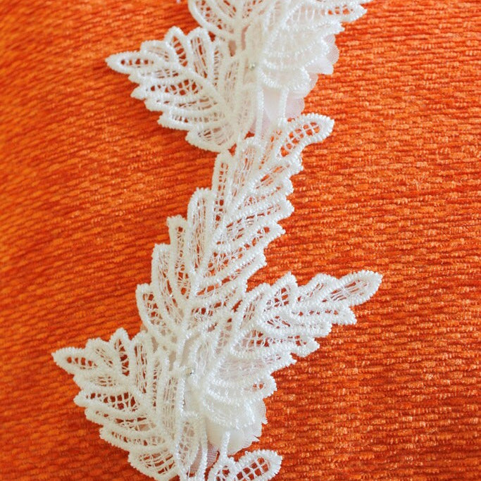 White Embroidered Flower With Leaves Lace Crochet Trim With Pearls, Approx. 11cm Wide