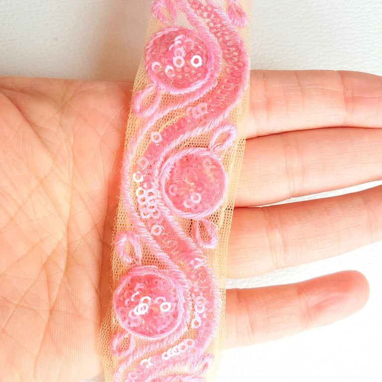 Beige Net Lace Trim With Pink Embroidery And Sequins, Approx. 35mm wide