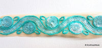 Thumbnail for Beige Net Lace Trim With Blue Embroidery And Sequins, Approx. 35mm wide