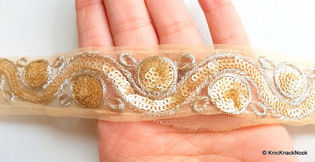 Beige Net Lace Trim With Silver Embroidery And Gold Sequins, Approx. 35mm wide