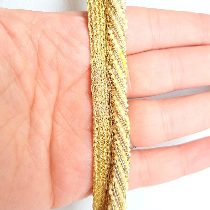 Antique Gold Woven Trim With Gold Thread And Pearls, Approx. 20mm