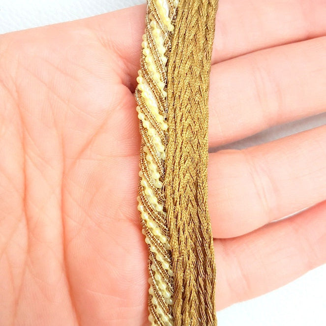 Antique Bronze Woven Trim With Gold Thread And Pearls, Approx. 20mm