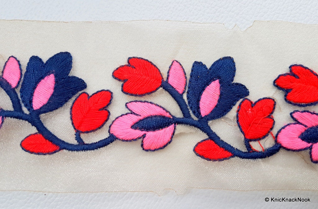 Gold Sheer Trim With Red, Blue And Pink Floral Embroidery, Approx. 65mm Wide