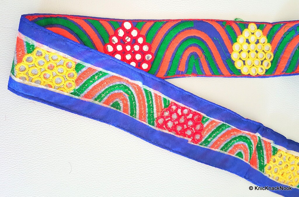 Blue Mirrored Fabric Trim With Orange, Green, Red And Yellow Embroidery With Mirrors