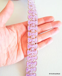 Thumbnail for Lilac Purple Lace Trim With Gold Border Piping, Approx. 25mm