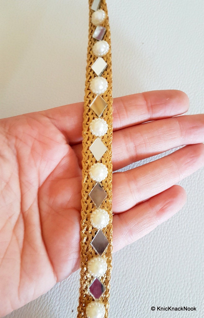 Gold Woven Thread Lace Trim With Mirror And Pearl Embellishments, Approx. 16mm Wide
