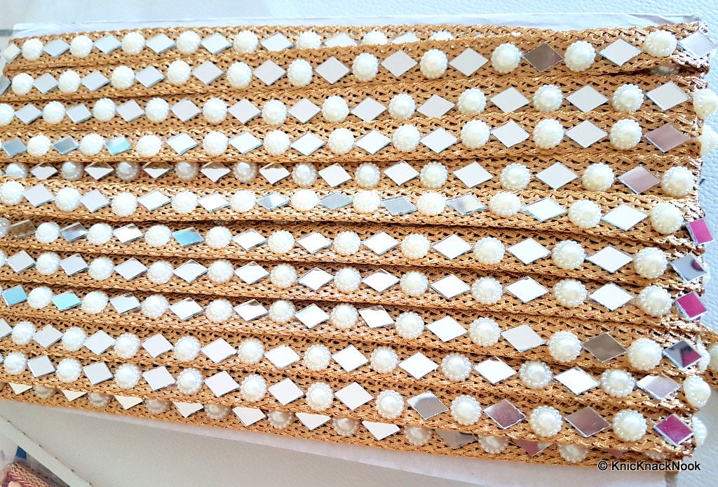 Gold Woven Thread Lace Trim With Mirror And Pearl Embellishments, Approx. 16mm Wide