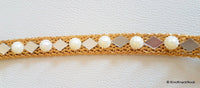 Thumbnail for Gold Woven Thread Lace Trim With Mirror And Pearl Embellishments, Approx. 16mm Wide