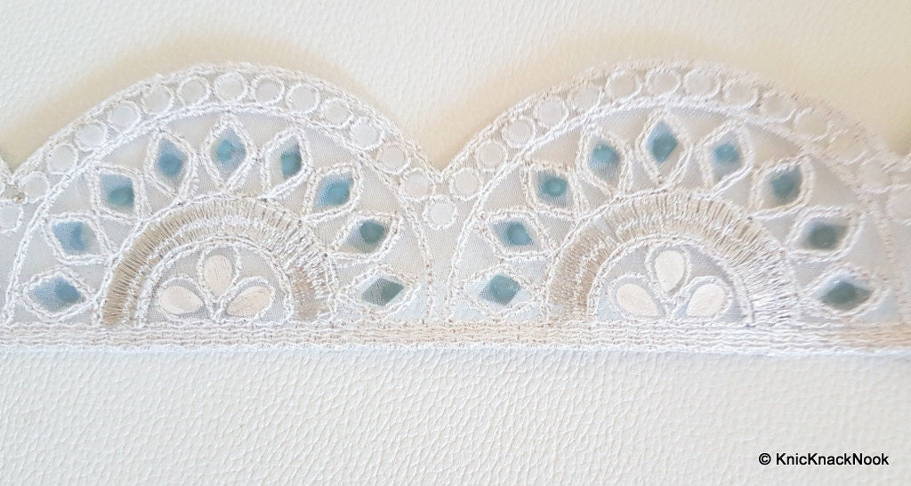 Silver Embroidered Lace Trim With Mirror, Beads And Pearl Embellishments, Approx. 53mm Wide - 140316L187
