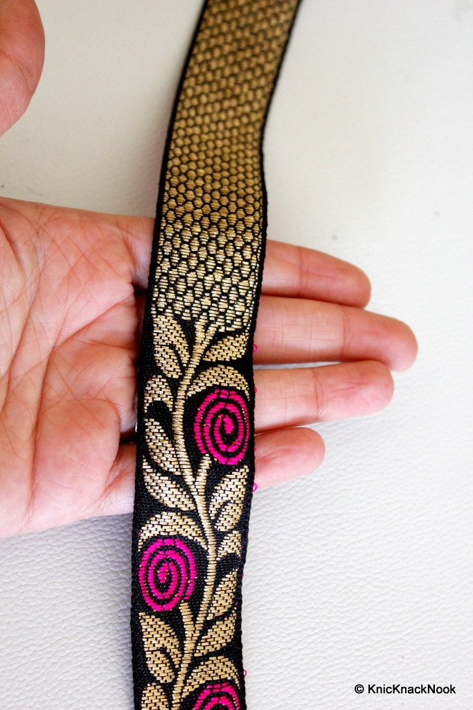 Black Fabric Trim With Fuchsia Rose And Gold Leaves Embroidery, Approx. 30mm Wide