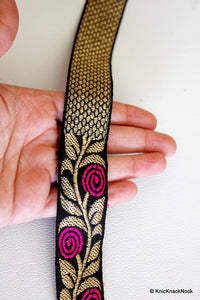 Thumbnail for Black Fabric Trim With Fuchsia Rose And Gold Leaves Embroidery, Approx. 30mm Wide